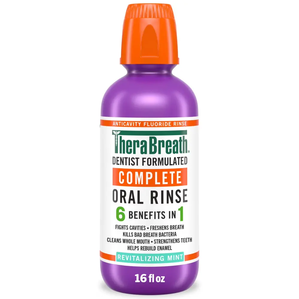 TheraBreath Complete Revitalizing Mint alcohol-free oral rinse bottle