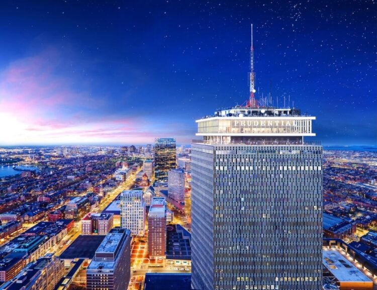 View Boston Observation Deck glowing above Boston at dusk