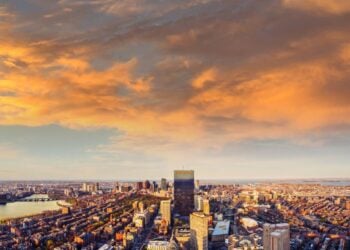 Wide panoramic view across the Boston skyline