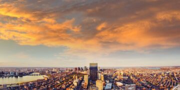Wide panoramic view across the Boston skyline