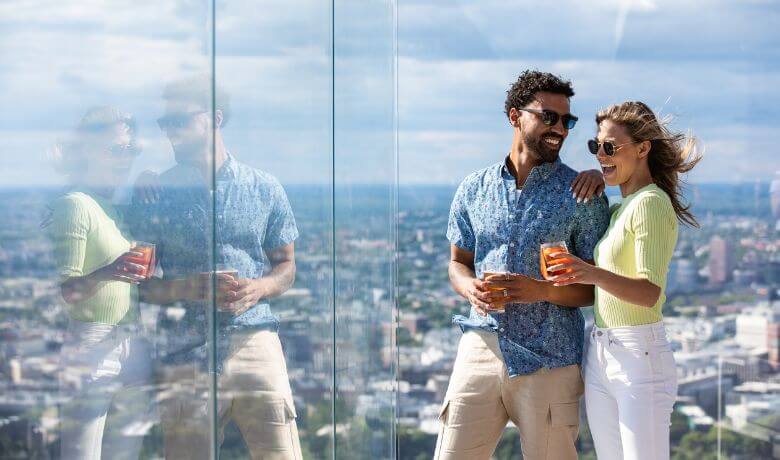 Drinks and Boston skyline at View Boston Observation Deck